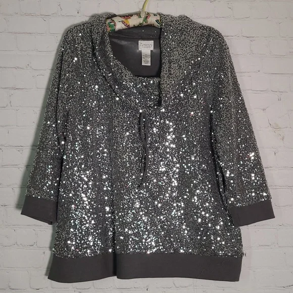 Zenergy By Chicos Silver Sequins Slouch Neck Quarter Sleeve Top Womens Size 3 - Picture 6 of 9